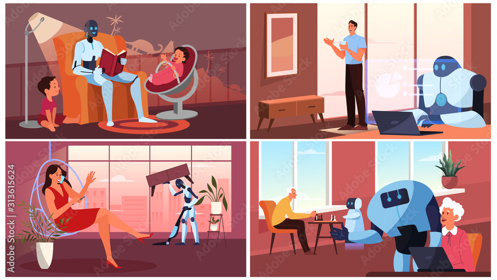 Poster artificial intelegence as a part of human routine. domestic personal robot
