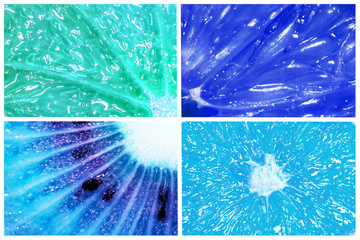 Collage of citrus fruits orange, lemon, grapefruit and kiwi macro closeup in a 2020 color trend in blue tones isolated on white background. Creative idea.