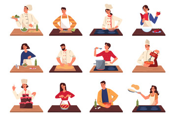 People cooking and preparing food set. Restaurant chef cooking