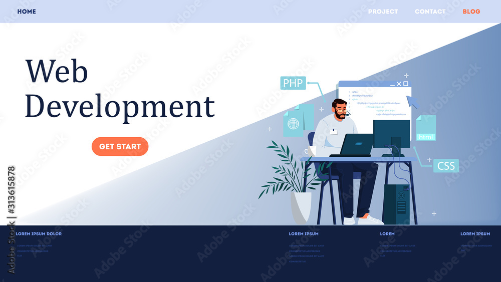 Poster website development horizontal banner. web page programming