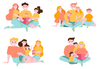 Child reading book with parents. Happy parents and child