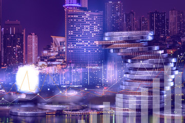Naklejka premium Financial investment concept, Double exposure of city night and stack of coins for finance investor, Forex trading candlestick chart economic , ECN Digital economy, business, Poke lights.