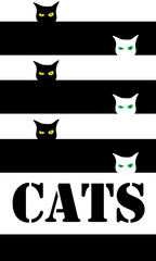 Funny black and white cat faces on monochrome lines background