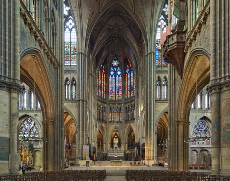 Interior of Cathedral of Saint Stephen of Metz, France. The present Gothic building was built in 1220-1550 and consecrated on April 11, 1552. The cathedral has one of the highest naves in the world.
