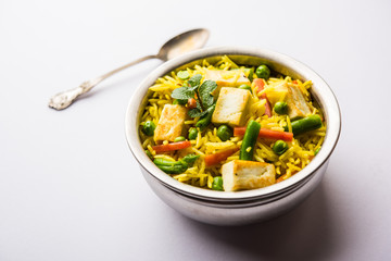 Vegetarian paneer biryani Or Panir Pulav, popular indian food