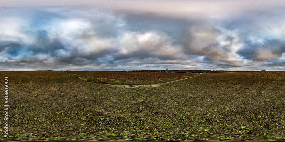 Wall mural full seamless spherical hdri panorama 360 degrees angle view among fields in autumn overcast evening