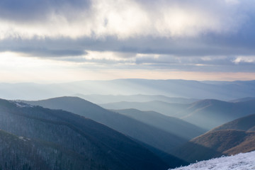 Fototapeta premium Panoramic view in winter carpathians. Borzhava ridge. Ukraine