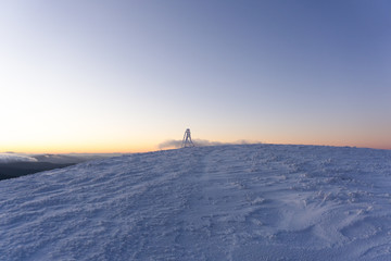 Beautiful panoramic view of sunrise in winter carpathians.  Borzhava ridge. Ukraine