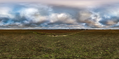 full seamless spherical hdri panorama 360 degrees angle view among fields in autumn overcast evening  in equirectangular projection with zenith and nadir, ready for VR virtual reality