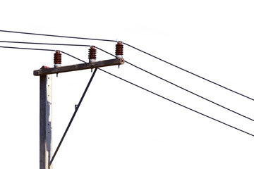 Electrical concrete pole with cable on white background