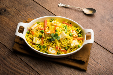 Vegetarian paneer biryani Or Panir Pulav, popular indian food