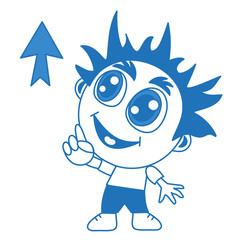 emoticon with a smiling cool boy, which shows two index fingers up and to the arrow, vector clip art