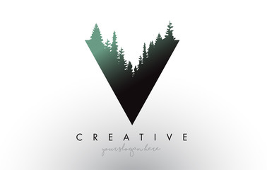 Creative V Letter Logo Idea With Pine Forest Trees. Letter V Design With Pine Tree on Top - obrazy, fototapety, plakaty