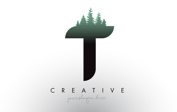 Creative T Letter Logo Idea With Pine Forest Trees. Letter T Design With Pine Tree on Top