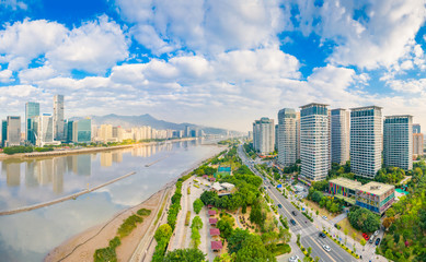 Urban scenery on both sides of minjiang river, fuzhou city, fujian province, China