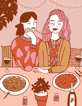 Illustration of women eating spaghetti in cafe