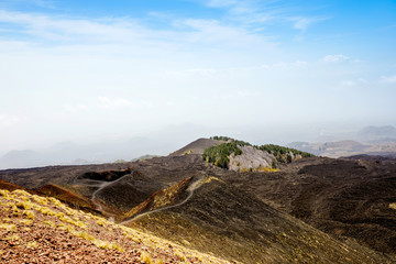 Panoramic wide view of the active volcano Etna on island Sicily, Italy extinct craters on the...
