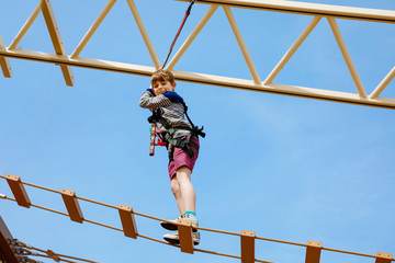 Happy little kid boy climbing on high rope course trail. Active child making adventure and action on family vacations. Challenge for brave kids.