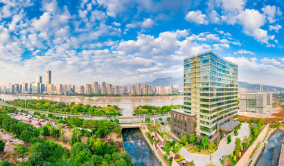 Urban scenery on both sides of minjiang river, fuzhou city, fujian province, China