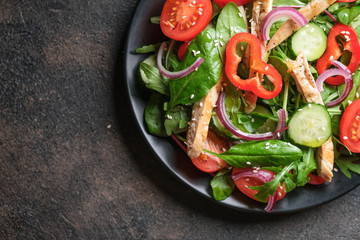 Fresh vegetable salad with chicken meat, herbs and olive oil in a dark plate on a dark background. Healthy food. Top view copy space.