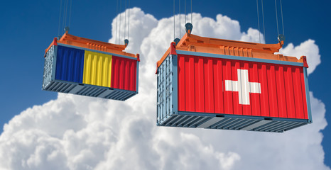 Freight container with Romania and Switzerland flag. 3D Rendering