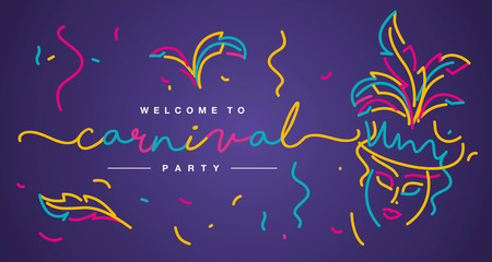 Welcome to Carnival party 2020 handwritten typography line design colorful party elements purple invitation card banner