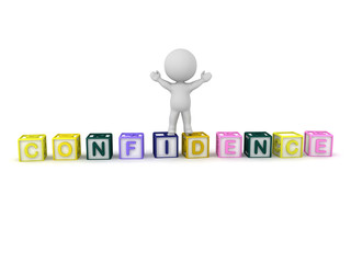 3D Character standing on top of letters saying CONFIDENCE