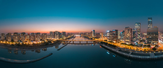 Urban night view of CBD of strait financial street and CBD of jiangnan district, fuzhou city, fujian province, China