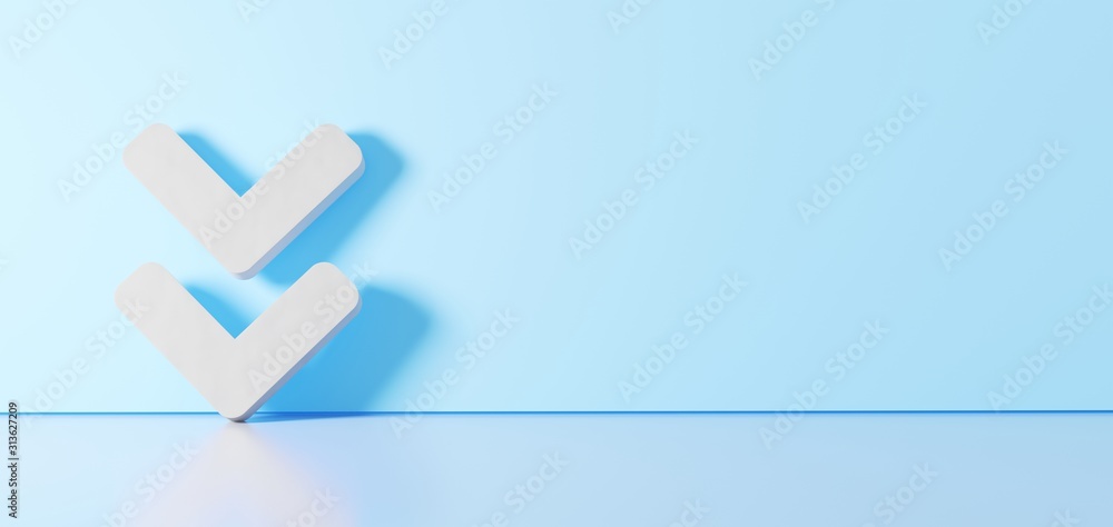 Poster 3d rendering of white symbol of angle double down icon leaning on color wall with floor reflection w