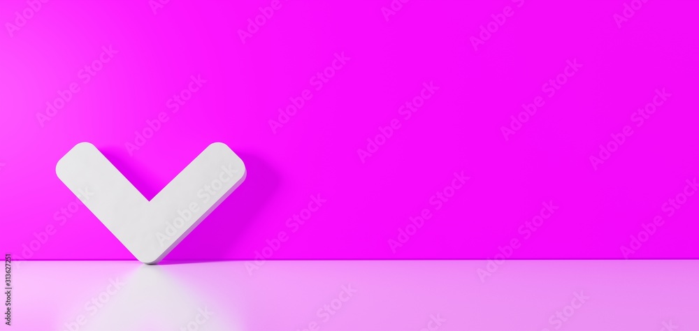 Poster 3d rendering of white symbol of angle down icon leaning on color wall with floor reflection with emp