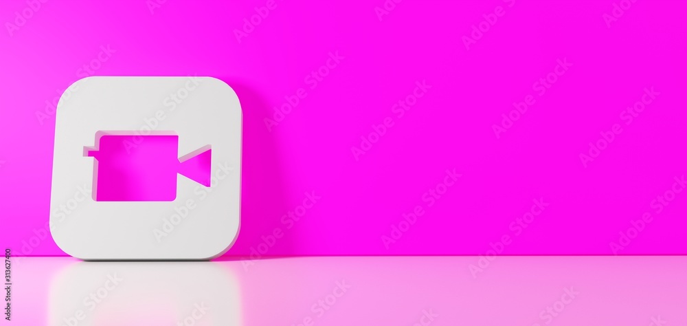 Poster 3d rendering of white icon of camera app icon leaning on color wall with floor reflection with empty