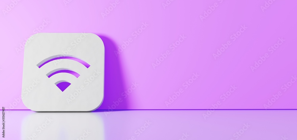 Poster 3d rendering of white icon of signal app icon leaning on color wall with floor reflection with empty
