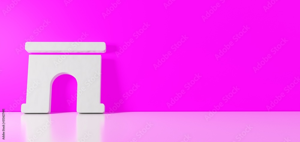 Poster 3d rendering of white symbol of archway icon leaning on color wall with floor reflection with empty 