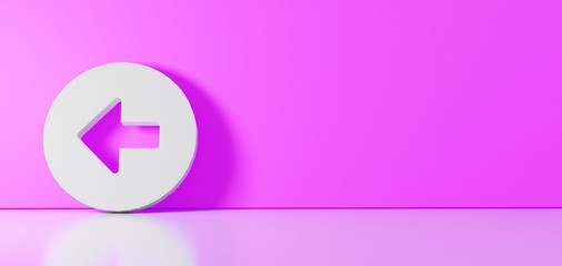 3D rendering of white symbol of left arrow in circle icon leaning on color wall with floor reflection with empty space on right side