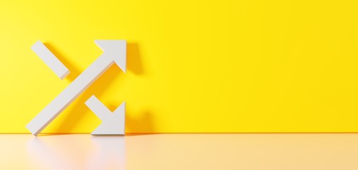 3D rendering of white symbol of diagonal arrows  icon leaning on color wall with floor reflection with empty space on right side