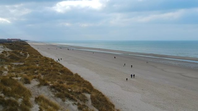 Aerial Drone Shot of beach and dunes. North Coast near Dunkerque. France, Europe
