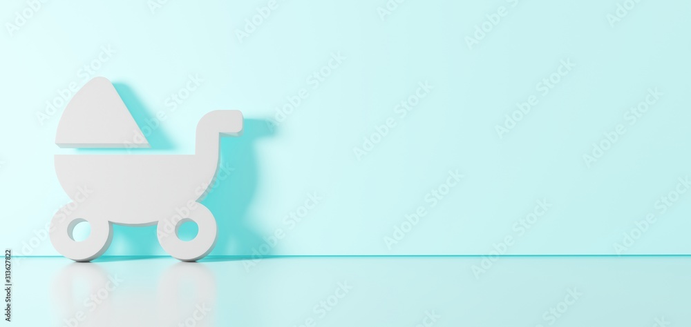 Poster 3d rendering of white symbol of baby carriage icon leaning on color wall with floor reflection with 