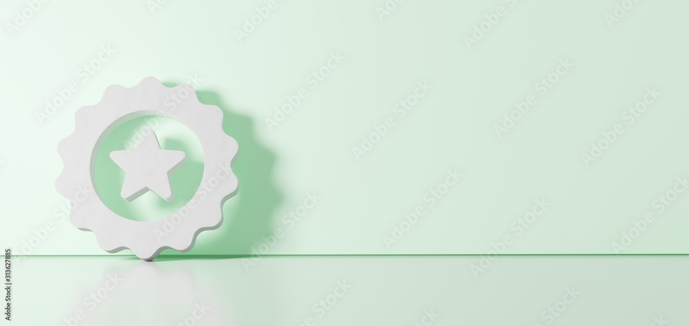 Poster 3d rendering of white symbol of badge icon leaning on color wall with floor reflection with empty sp