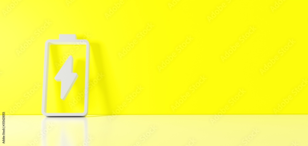 Poster 3d rendering of white vertical symbol of charging empty battery icon leaning on color wall with floo
