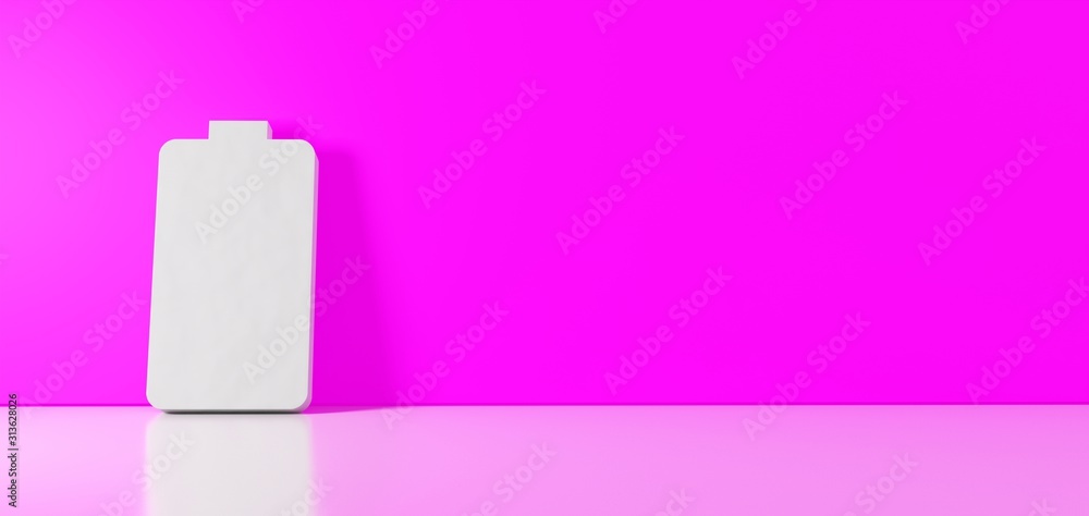 Poster 3d rendering of white vertical symbol of full battery icon leaning on color wall with floor reflecti