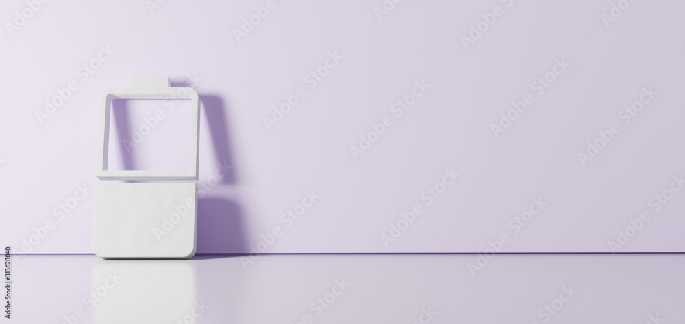 Poster 3d rendering of white vertical symbol of half charged battery icon leaning on color wall with floor 