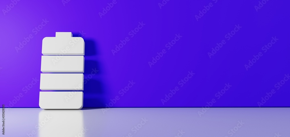 Poster 3d rendering of white vertical symbol of full battery icon leaning on color wall with floor reflecti