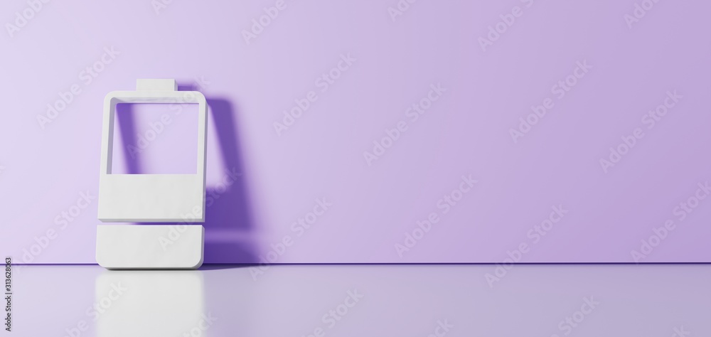 Poster 3d rendering of white vertical symbol of half charged battery icon leaning on color wall with floor 