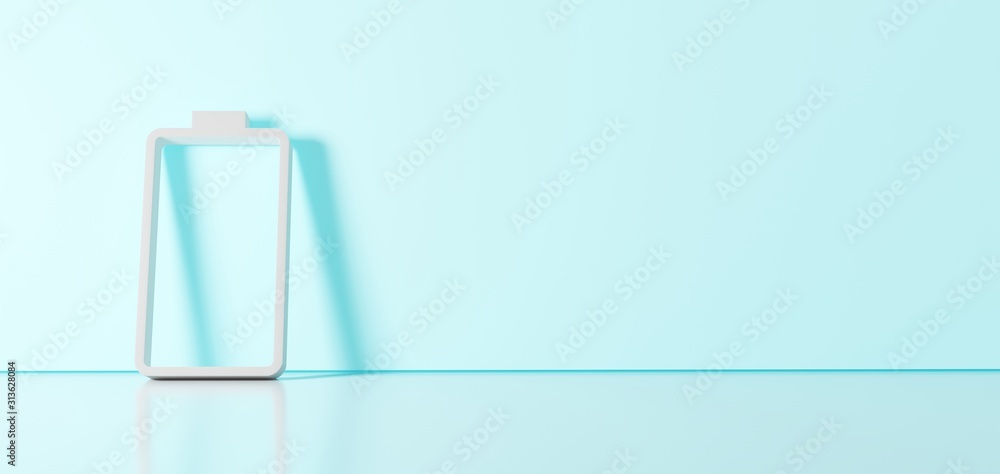 Poster 3d rendering of white vertical symbol of empty battery icon leaning on color wall with floor reflect