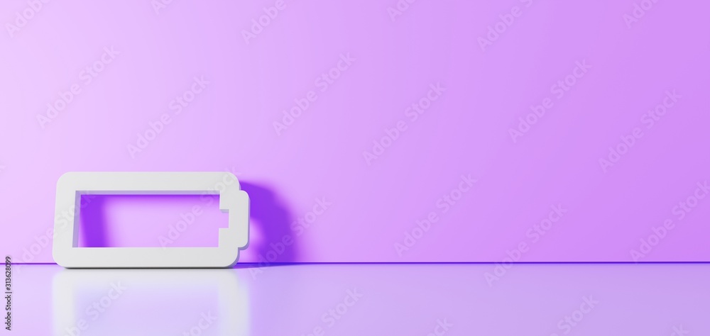 Poster 3d rendering of white horizontal symbol of battery empty icon leaning on color wall with floor refle