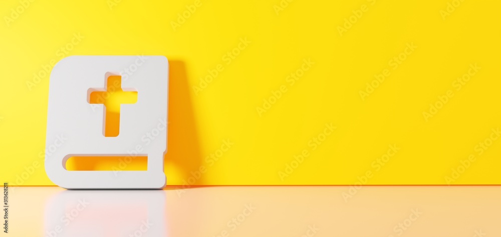 Poster 3d rendering of white symbol of bible icon leaning on color wall with floor reflection with empty sp