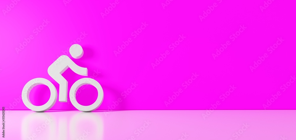 Poster 3d rendering of white symbol of bike with rider icon leaning on color wall with floor reflection wit