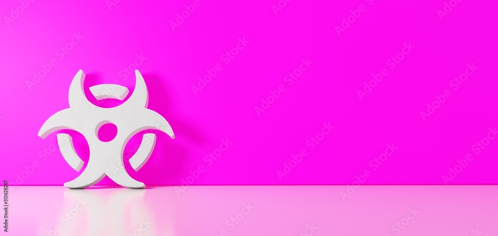 Poster 3D rendering of white symbol of biohazard icon leaning on color wall with floor reflection with empty space on right side