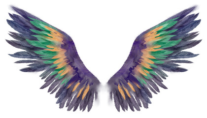 Beautiful magic bright blue violet watercolor wings with yellow and green feathers