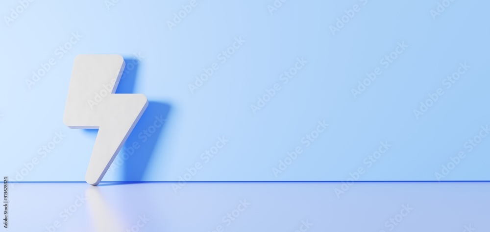 Poster 3d rendering of white symbol of bolt of lightning icon leaning on color wall with floor reflection w